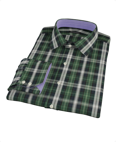 Green Navy Plaid Check Fitted Dress Shirt 