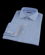 Blue and Orange Gingham Plaid Fitted Dress Shirt 