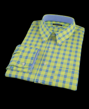 Neon Green and Blue Plaid Fitted Dress Shirt 