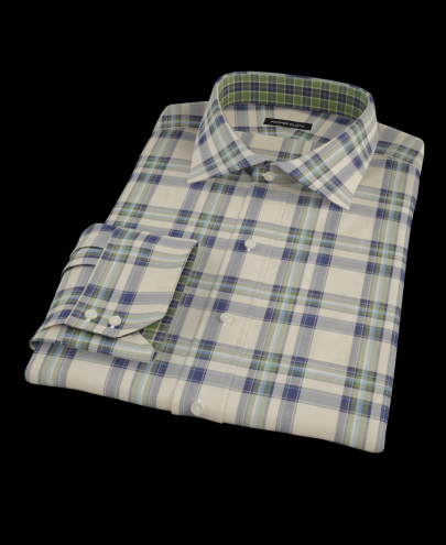 Tan Navy Green Large Plaid Custom Dress Shirt 