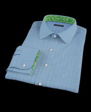 Blue and Green Gingham Plaid Fitted Dress Shirt 