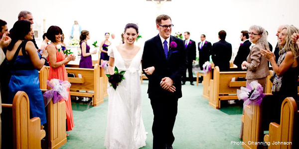 ivory wedding dress and white groom shirt