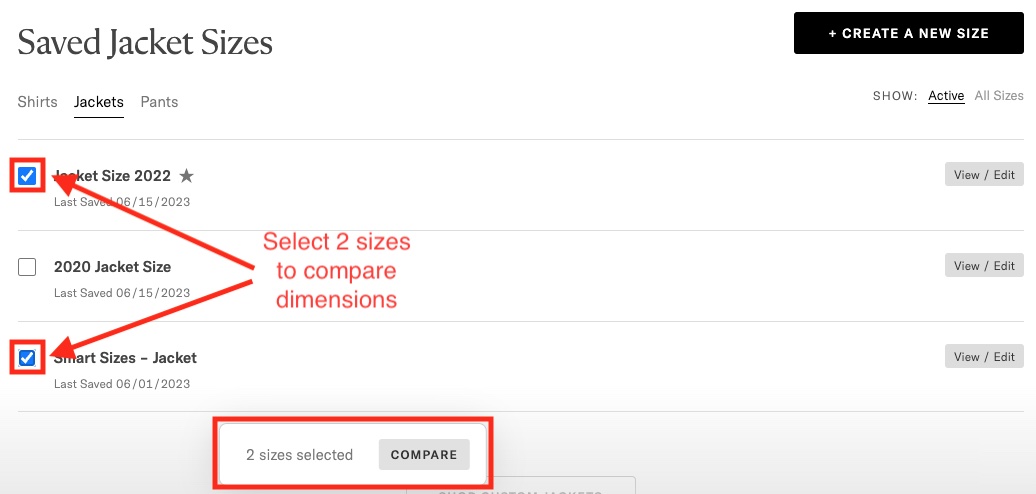 select 2 sizes to compare dimensions