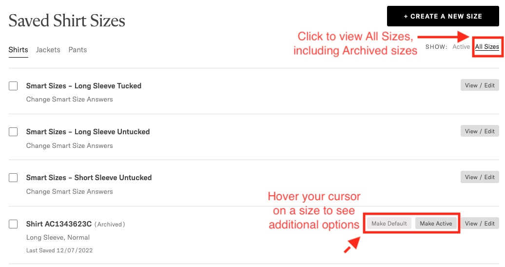 view or activate archived sizes