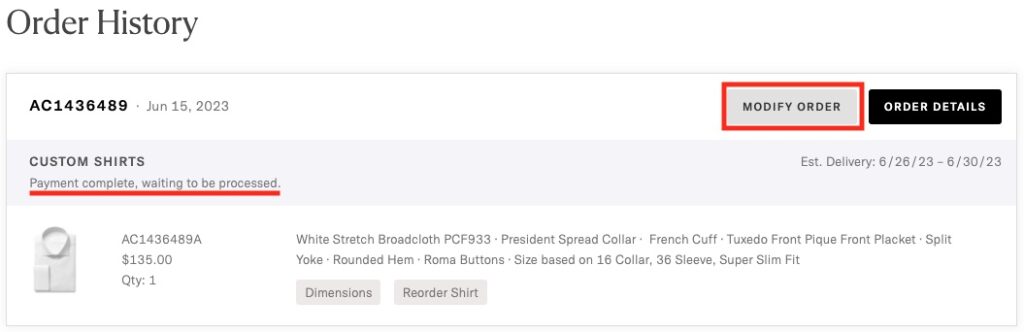 Order status 'Payment complete, waiting to be processed." Click 'Modify Order' button to customize a order.