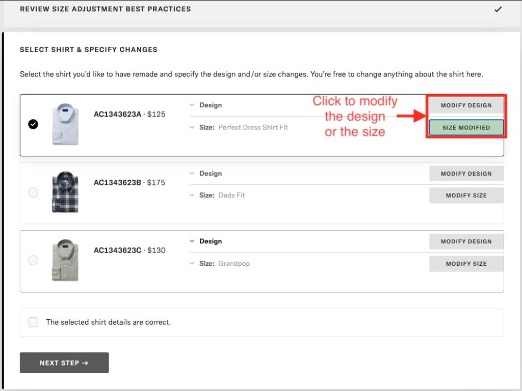 Select modify design or size modified button.
