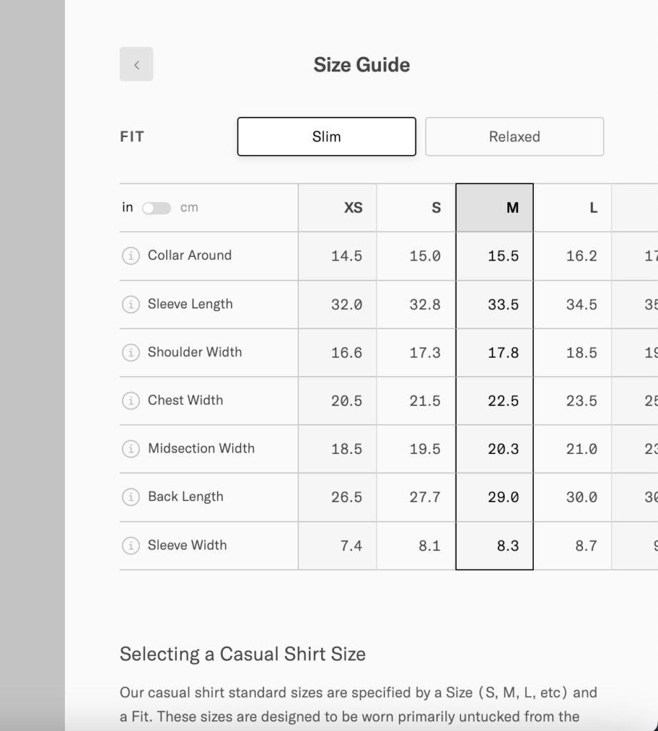After clicking size guide, you'll see more detailed measurements of your chosen size in comparison to other sizes.