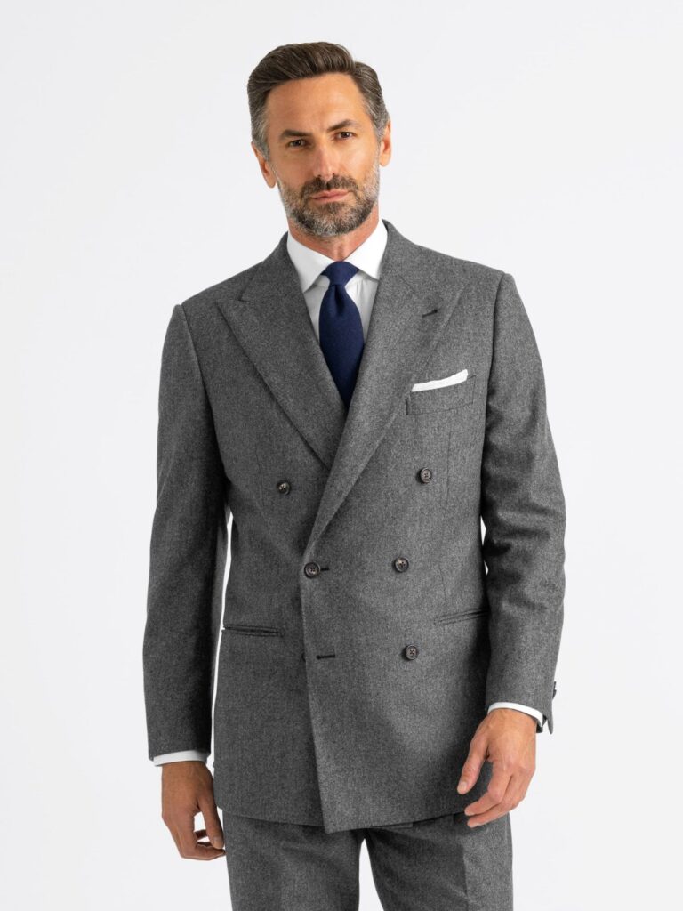 a classic grey double breasted suit