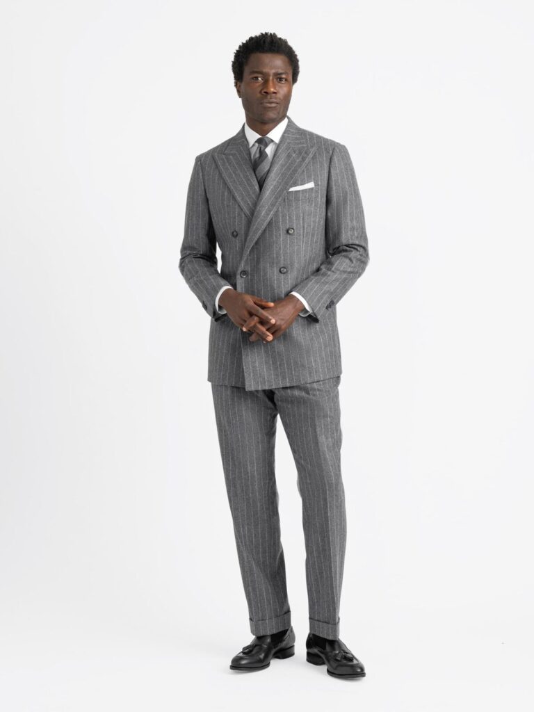 a wool flannel suit in a chalkstripe fabric