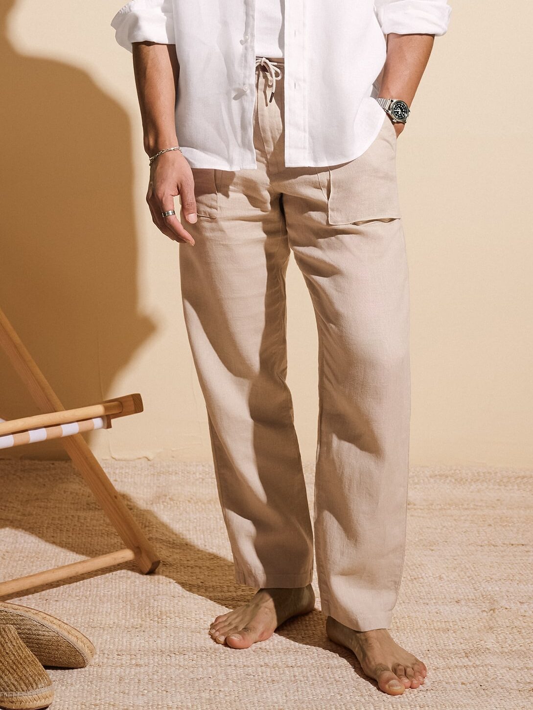 drawstring pants are great on the beach but also make for good lightweight men’s outfits for travel
