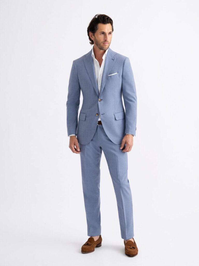 a tropical wool suit in a wedding-friendly light blue