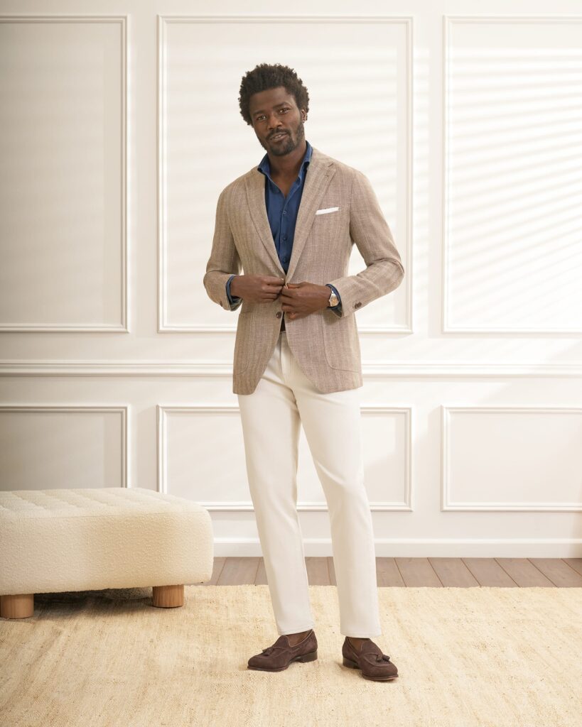 styling white pants with a blazer